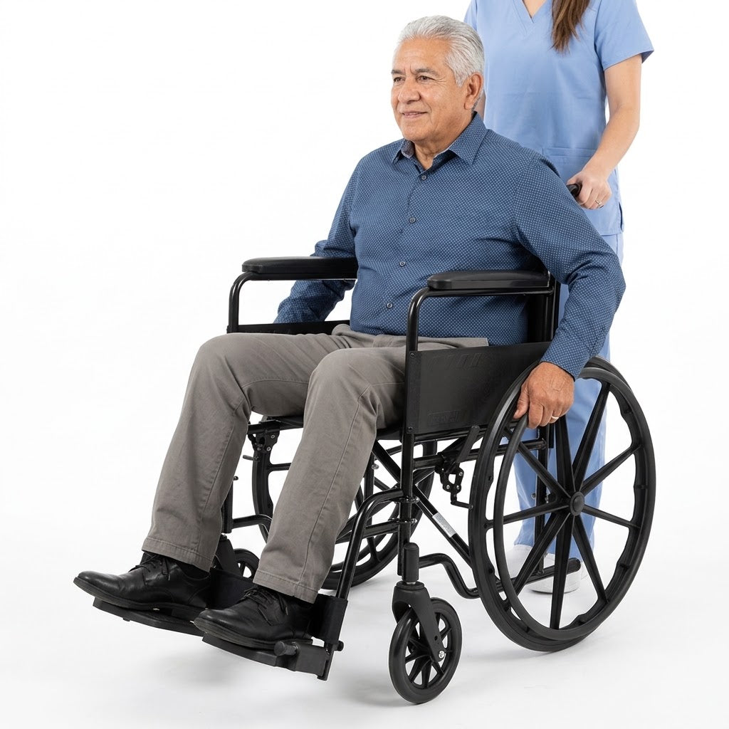 Silla de Ruedas Plegable Estándar en Acero Negro con Ruedas de Magnesio/Polímero